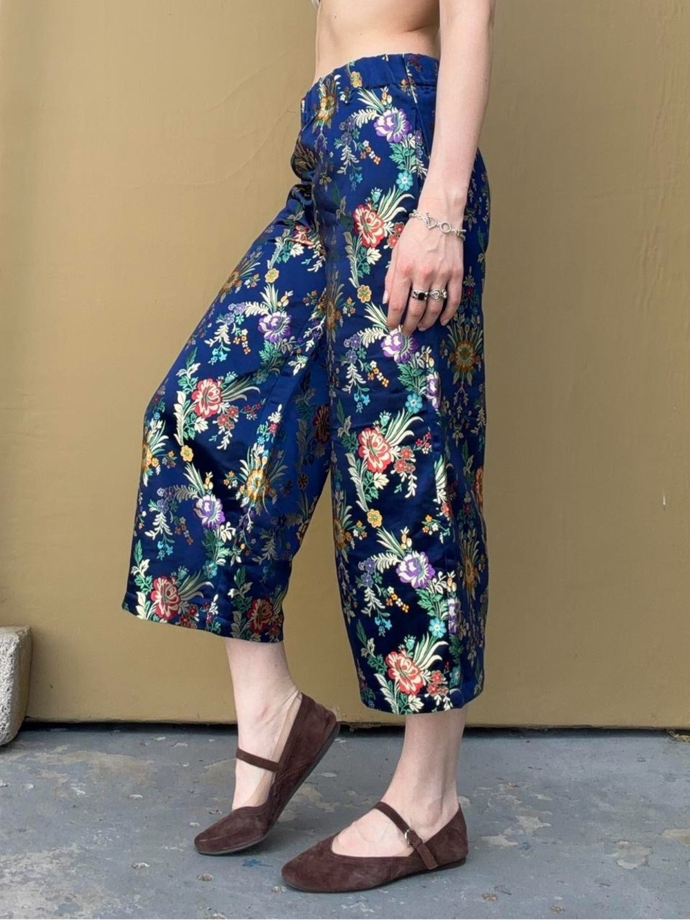 Floral Wide-Leg Cropped Pants - Navy